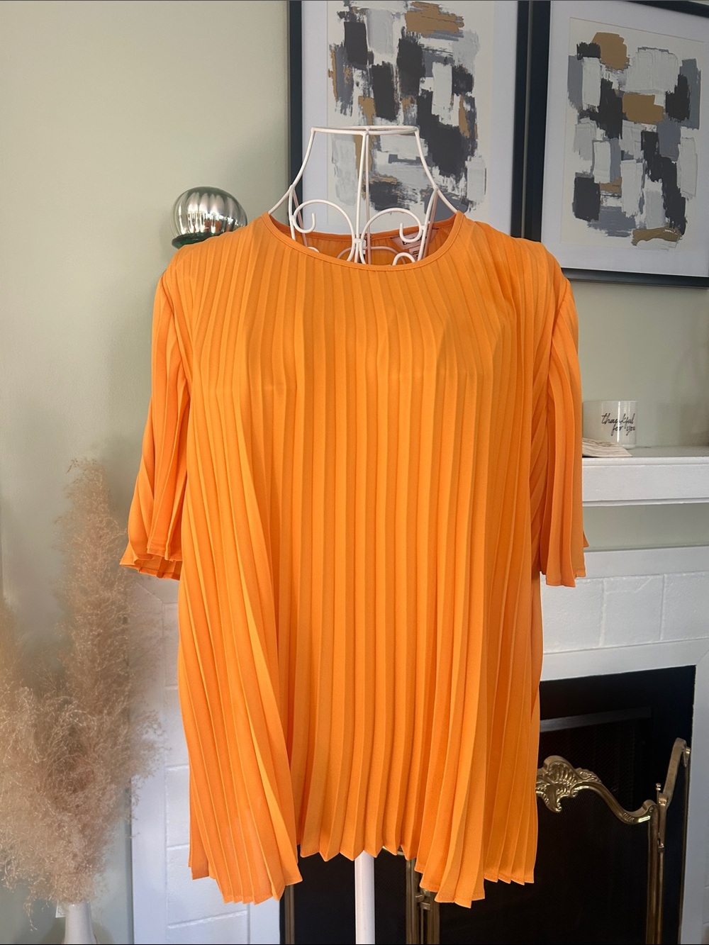 Express Orange Pleated Short-Sleeve Blouse